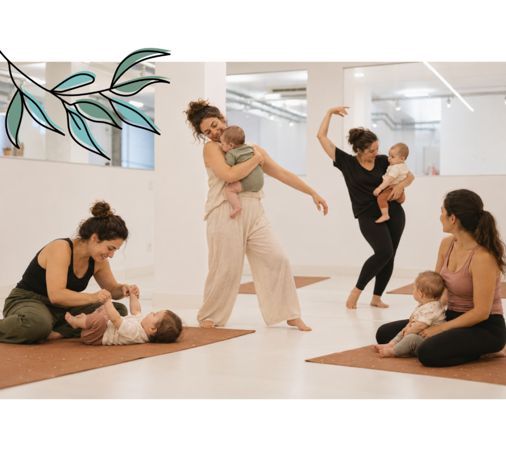Clases de movimiento expresivo y danza para mamás y bebés en Gràcia, Barcelona. Música, juego y creatividad para vivir el postparto en movimiento.