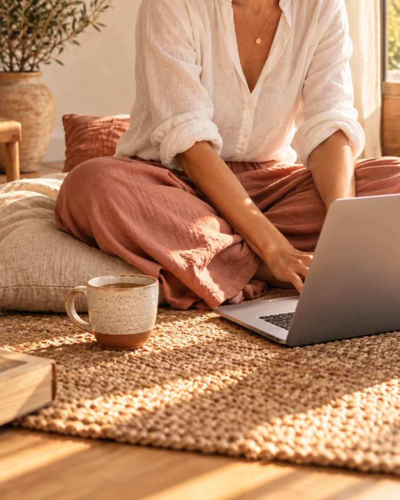 Mujer sentada en casa leyendo una newsletter en el ordenador junto a una taza de té.
